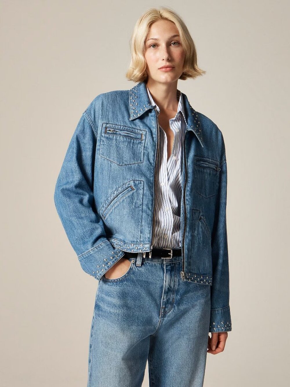 Size M/L BNWT J.Crew Cropped denim jacket with stud embellishments 100% cotton